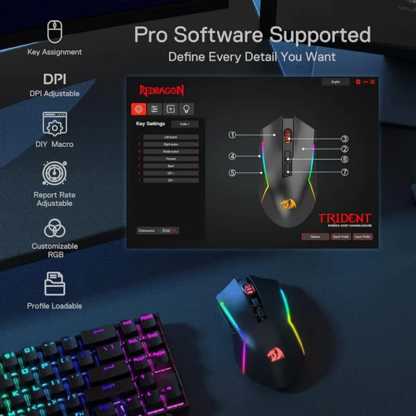Redragon M693 TRIDENT PRO Wired & Wireless (Bluetooth) Gaming Mouse (Black) - Image 4