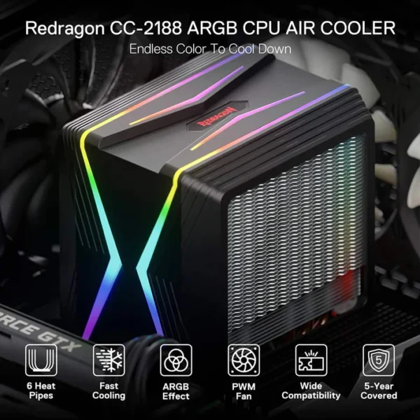 Redragon CC-2188 Hodur Dual Tower CPU Air Cooler with 6 Heat Pipes - Image 3