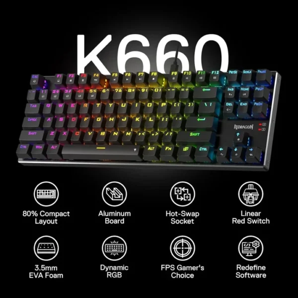 Redragon K660 K556 TKL RGB Red Switch Wired Gaming Keyboard - Image 5